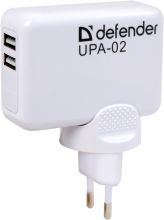 DEFENDER USB Charging Adaptor 220V (power outlet), for 2 mobile devices USB 5V, 2A +1A, color: white, 31810 UPA-02