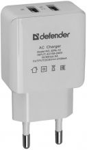DEFENDER AC line adapter 2port USB, 5V/2A, polybag, EPA-12, 83530
