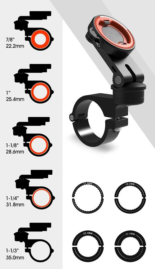 Reaguliuojamas Telefono laikiklis motociklui, tvirtinamas ant dviračio, elektrinio dviračio, vaikų vežimėlio, el. paspirtuko, ar motorolerio vairo, Tvirtinimas 22.2-35 mm